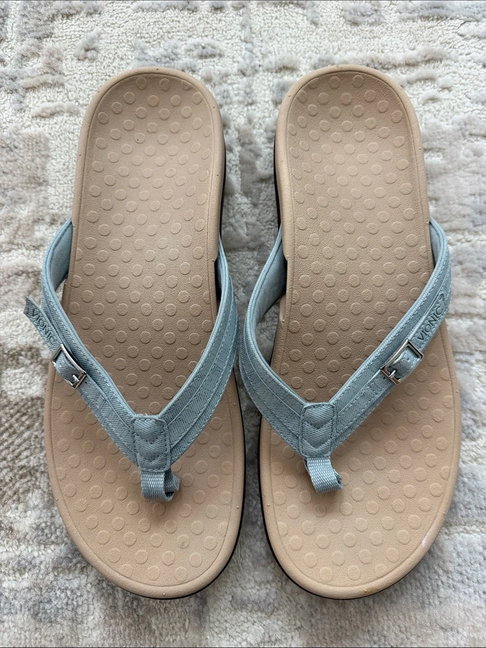 Women’s Arch Suppory Flip Flop Sandals in Light Blue and Tan